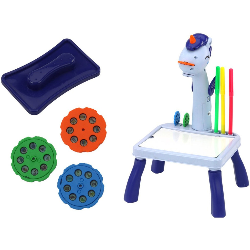 2 in 1 Projector - Blauw with giraffe design, 3 drawing discs, markers, and eraser for creative play.