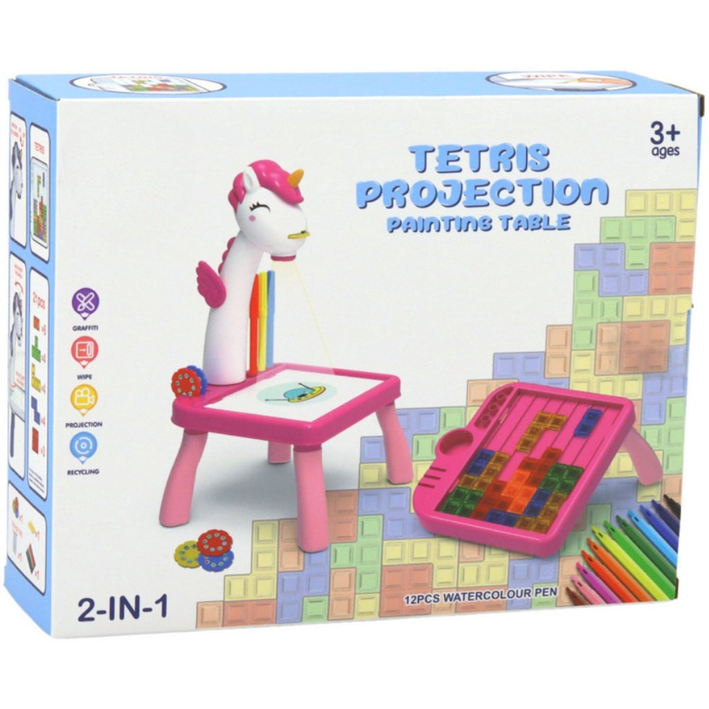 2 in 1 Projector - Blauw educational blue giraffe drawing and shape play projector with markers and painting table for kids.