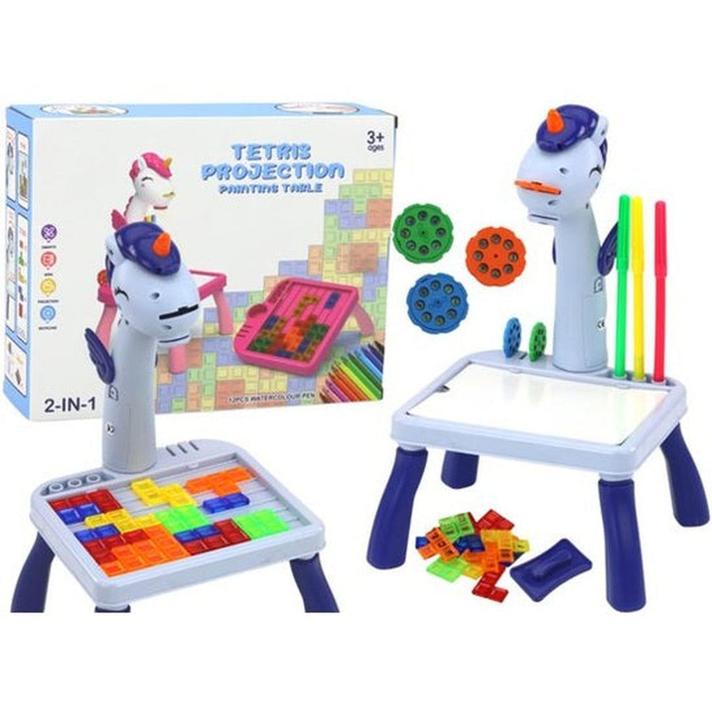 2 in 1 Projector - Blauw blue giraffe drawing and shape game projector with markers and puzzle blocks for kids