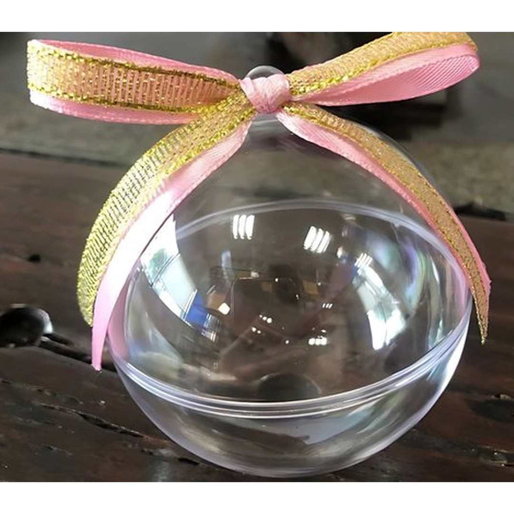 12 x Transparante Kerstballen - 8 cm clear acrylic Christmas ornament with pink and gold ribbon bow decoration.