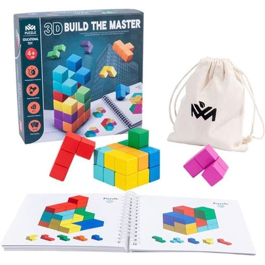 3D Houten Bouwblokjes colorful wooden blocks with 48 challenge cards to boost spatial skills and counting for kids.
