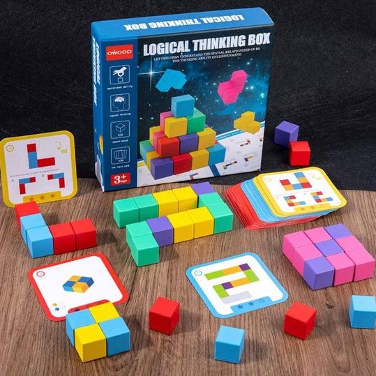 3D Houten Bouwblokjes colorful blocks and cards set to develop spatial insight and logical thinking for children