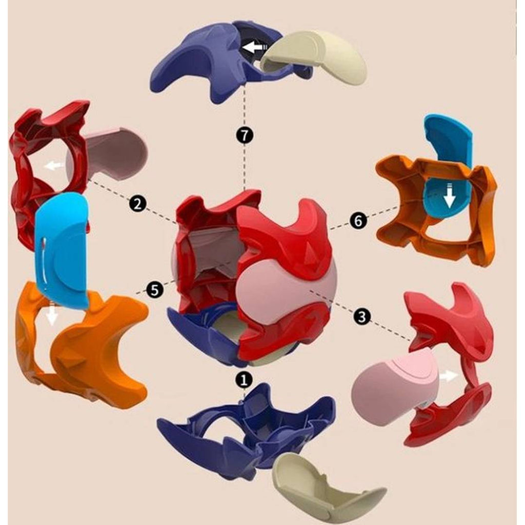 3D Puzzel Bal - Spaarpot showing colorful plastic puzzle pieces to assemble a ball-shaped piggy bank toy.