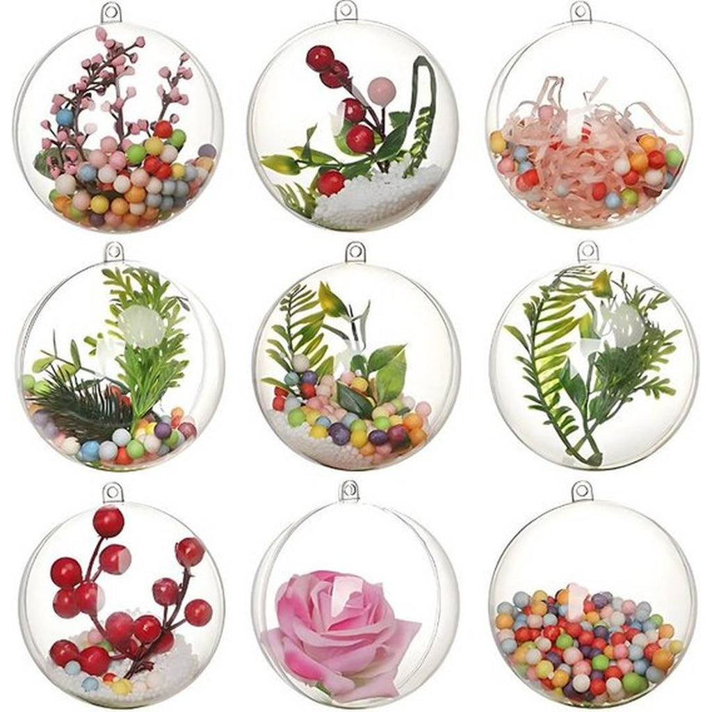 12 x Transparante Kerstballen - 8 cm clear acrylic Christmas balls for DIY decorations, filled with colorful beads and foliage.