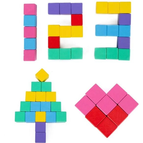 3D Houten Bouwblokjes colorful wooden blocks arranged as numbers, tree, and heart for learning and play.
