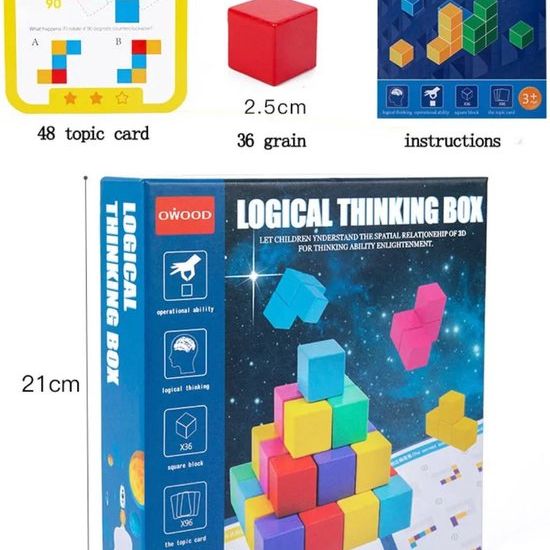 3D Houten Bouwblokjes set with 48 task cards, 36 colorful blocks, enhancing spatial awareness and logical thinking.
