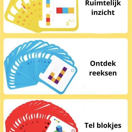 3D Houten Bouwblokjes with colorful double-sided cards to develop spatial insight, counting, and pattern recognition skills.