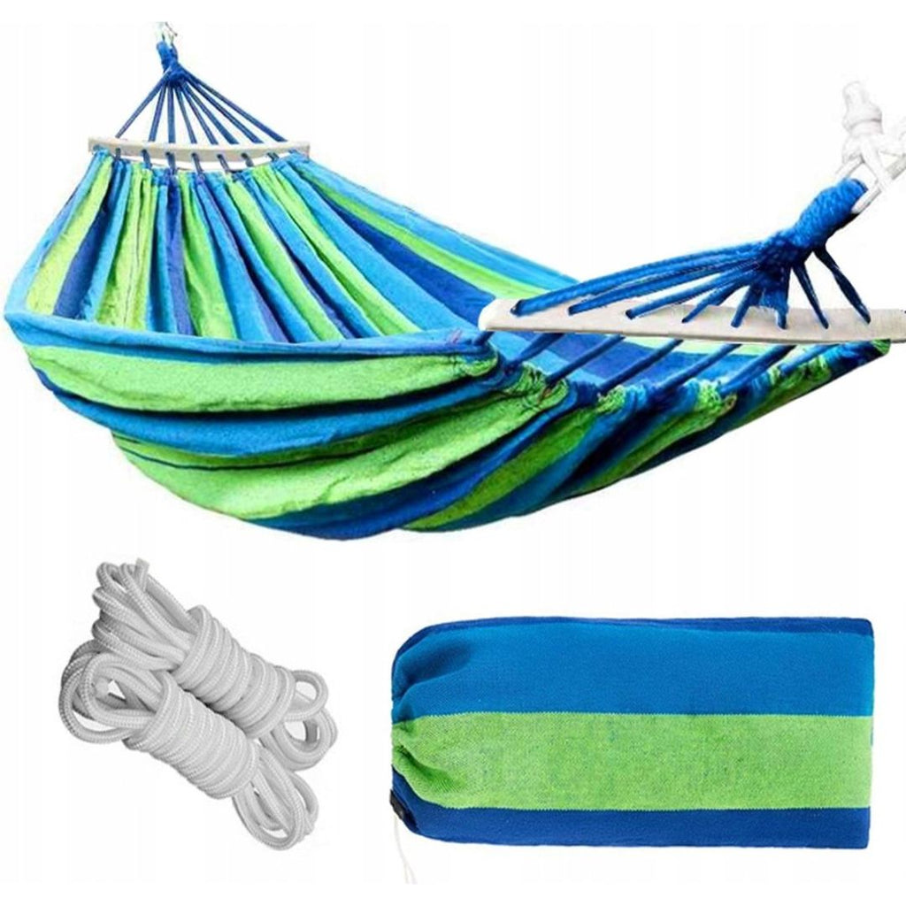 2 persoonshangmat - blauw/groen, durable two-person hammock with wooden frame, ropes, and protective cover included.
